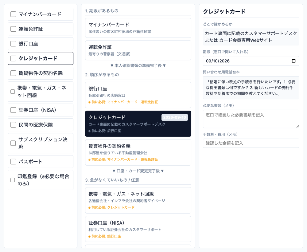 もう1回通したときの画面。クレジットカードに9月10日と入れてあるが、その手前の銀行口座やマイナンバーカードの行には何も出ていない。